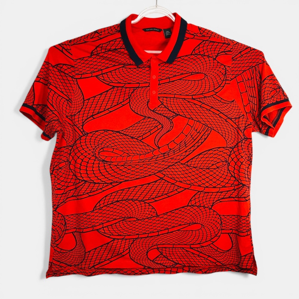 SeanJohn Mens 3XL Red Black Snake Scale Print Short Sleeve Polo Shirt Streetwear
